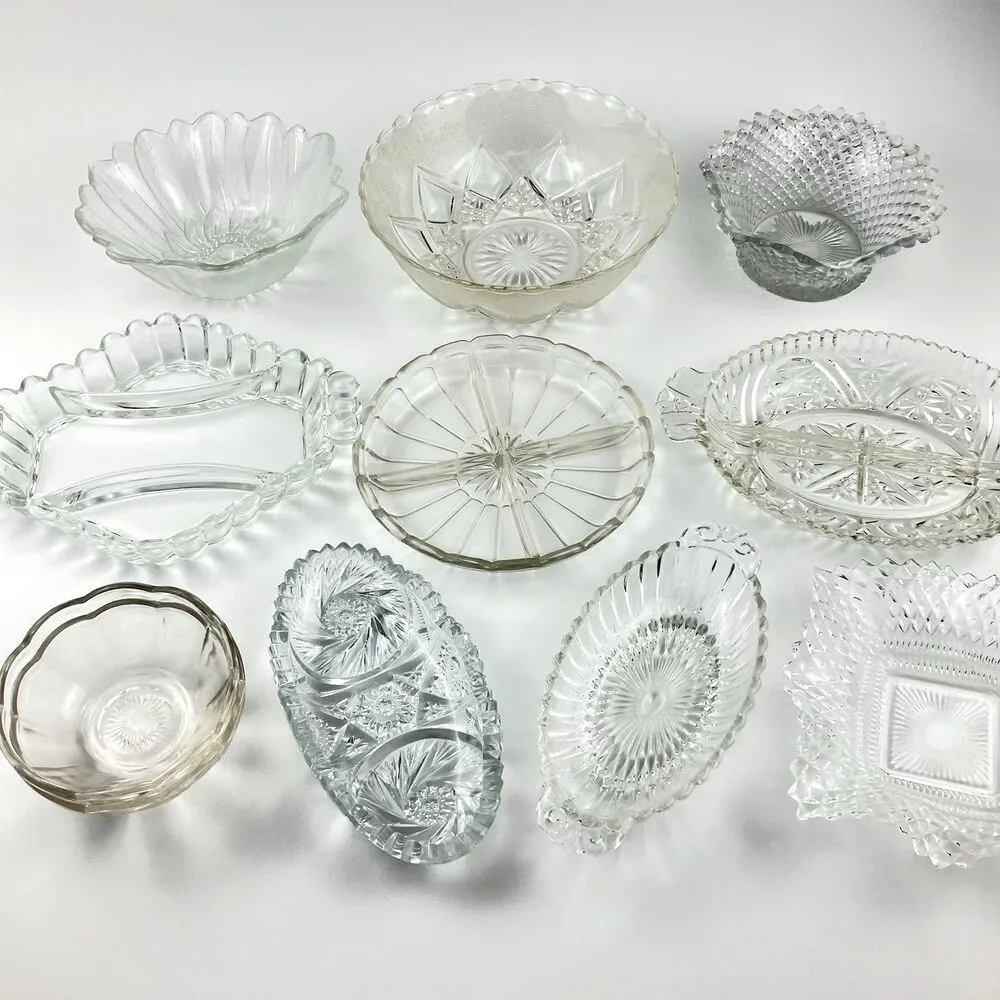 Lot of 10 Glass Unbranded Clear Crystal Vintage Glassware